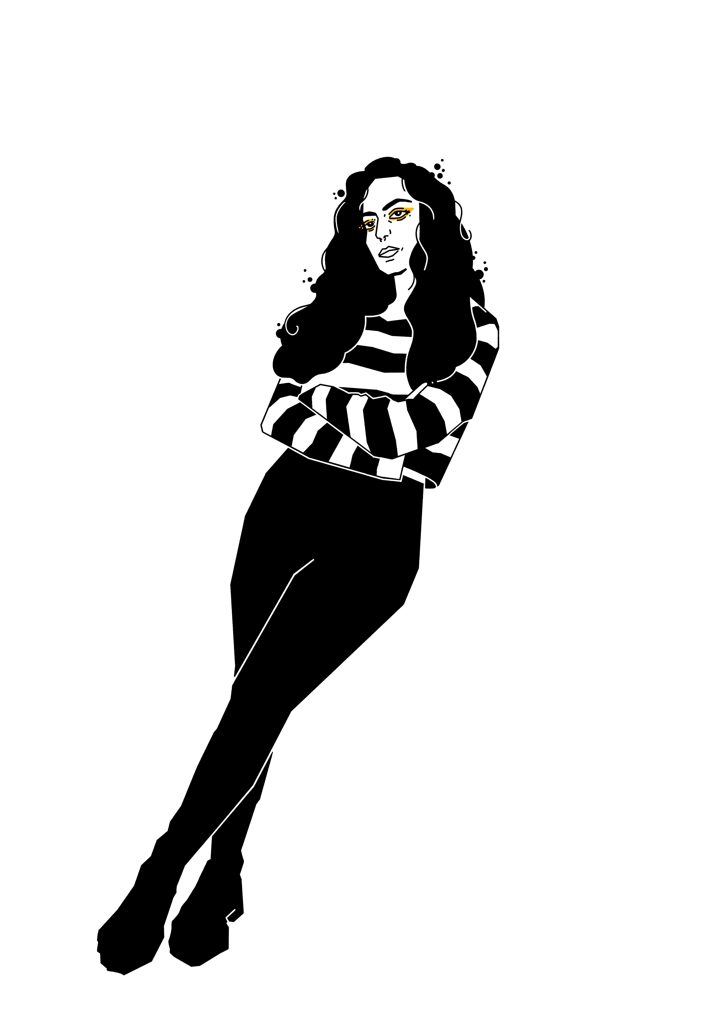 Black and white illustration of the designer leaning with her arms crossed